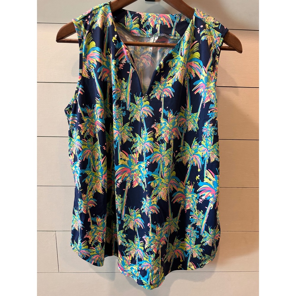 Lulu-B Tropical Palm Tree Print V-Neck Sleeveless Top Navy Neon XL
